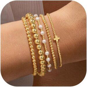 Women's "Bead Pearl Cross - 5pcs 14K Gold Plated Bead & Pearl Bracelet Stack Set